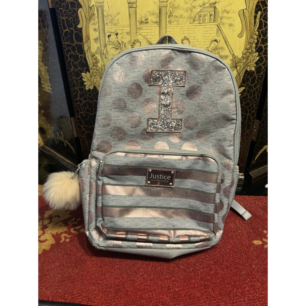 Justice Girls Backpack Rose Gold Metallic Polka Dot Glitter Initial I Pom Pom